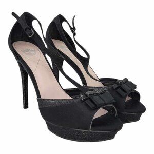 CROWN T-Strap Bow Peep Toe Platform Heeled Sandal Sz 6.5 - Sparkle Black Leather